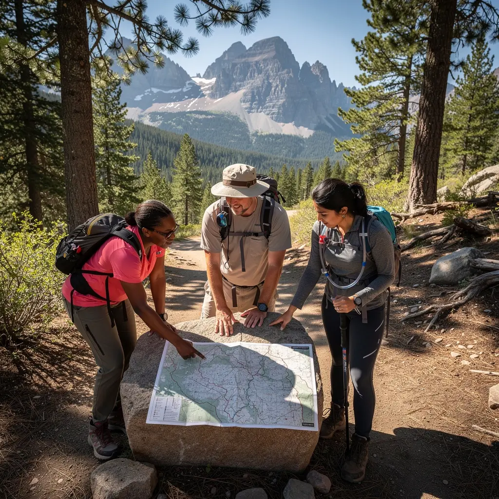 Zdjęcie pięknego krajobrazu z trasą wycieczkową i oznaczeniami punktów przystankowych.